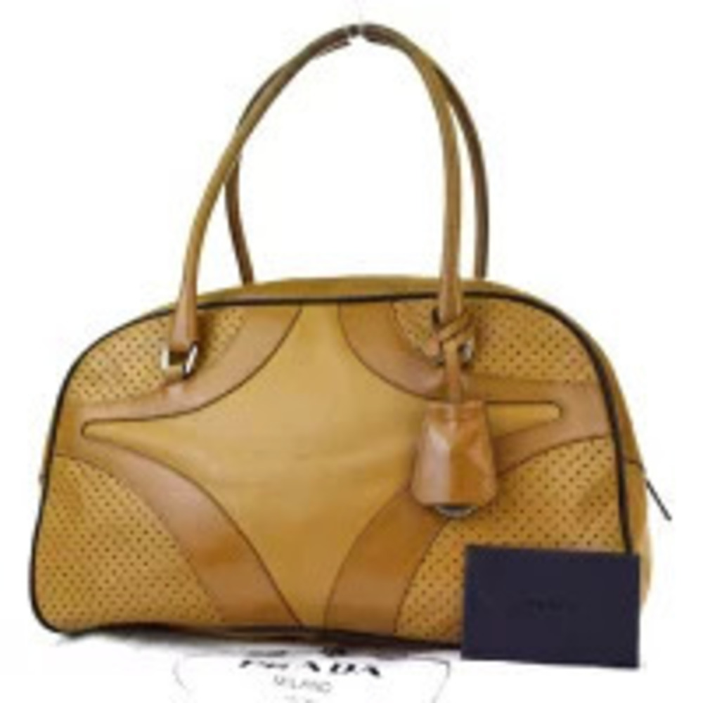 Prada Shoulder Bag Handbag Perforated Brown Leather Padlock
